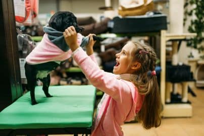 Little girl try on clothes for puppy in pet shop