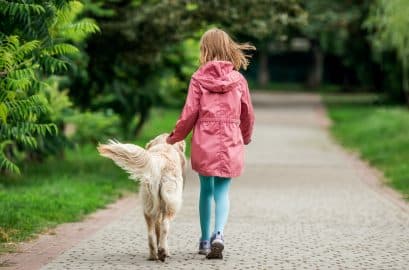 Little girl walking with dog in park