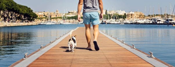 Man with dog walking onfloating pier on sunny day. Friendship and travel with dog concept